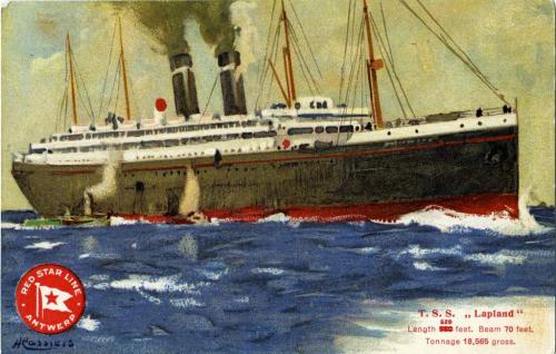 A coloured postcard of a large, luxury ship on the ocean.