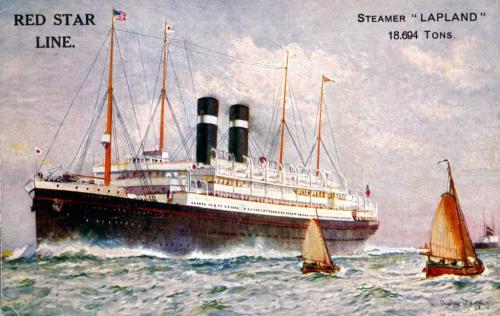 A postcard of a large, luxury ship on the ocean.