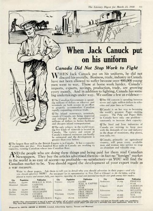 An magazine advertisement with a line-drawing of a solider, with scenes of  work in the background.