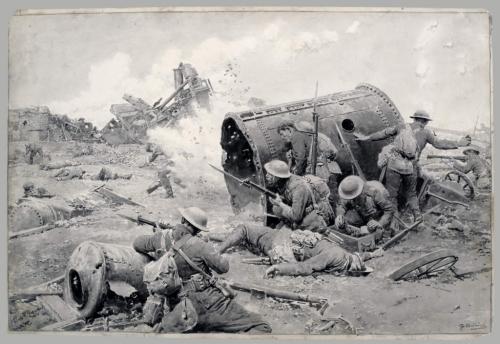 A black-and-white painting of Canadian soldiers with bayonets crouched behind a large boiler.