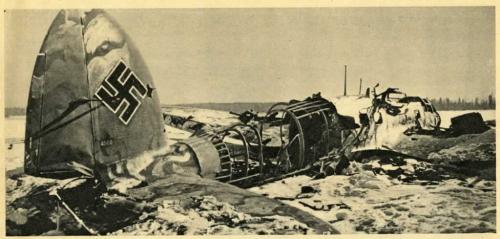 Une photo en noir et blanc d’un avion écrasé dans un paysage de neige.