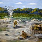 An amateur painting of five soldiers in a field with explosions in the  background.