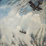 A print depicting WWI airplanes engaged in dogfight.
