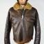 A brown leather bomber jacket with a thick lining.
