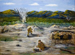 An amateur painting of five soldiers in a field with explosions in the  background.