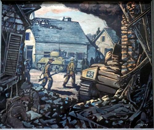 A painting of a soldier in a rubble filled building with more soldiers and a tank outside.