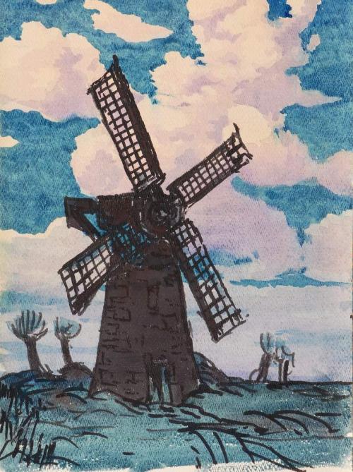 Une peinture d’un moulin contre un ciel bleu et rose.