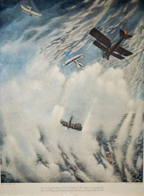 Une gravure évoquant des avions de la Première Guerre mondiale  participant à un combat tournoyant.