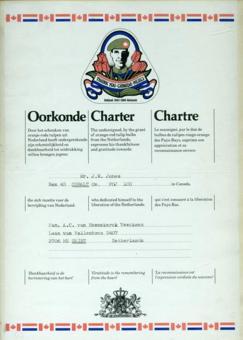 Un certificat encadré avec des messages de remerciement en néerlandais, français et anglais.