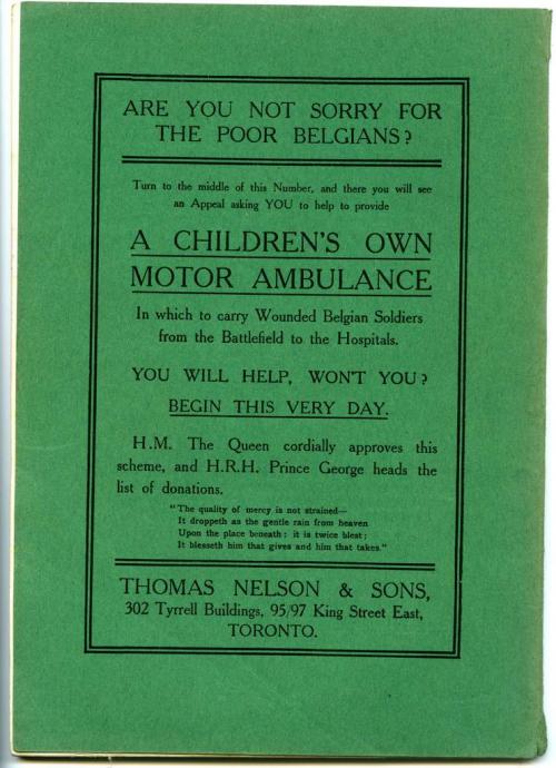 Une annonce publicitaire sur la couverture arrière d’un manuel scolaire vert sollicitant des fonds pour l’achat d’une ambulance.