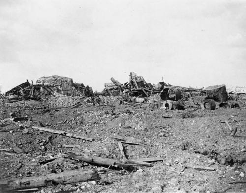 Une photographie en noir et blanc d’un paysage ravagé par la guerre.