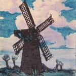 A painting of a windmill against a blue and pink sky.