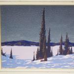 An image of a small, framed painting of a snowy landscape with a stand of conifers in the foreground.