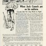 Une annonce de magazine présentant une illustration au trait d’un soldat et des scènes de travail en arrière-plan.