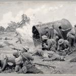A black-and-white painting of Canadian soldiers with bayonets crouched behind a large boiler.