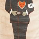 Une grande cible de jeu de fléchettes en toile sur laquelle apparaît une image peinte d’Hitler.